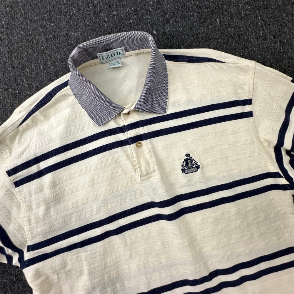 Y2K Vintage IZOD Polo Shirt Mens L Cream Navy Blue Striped Pique Crest Logo